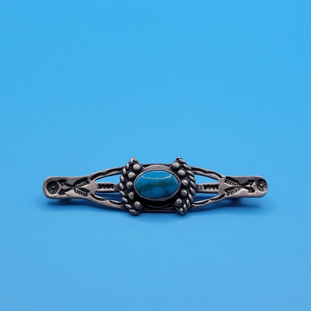 Vintage Sterling Silver 2055 Turquoise Medium Long Oval Brooch - Picture 4 of 12